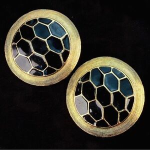 Vintage brass and black large weighted runway clip on earrings